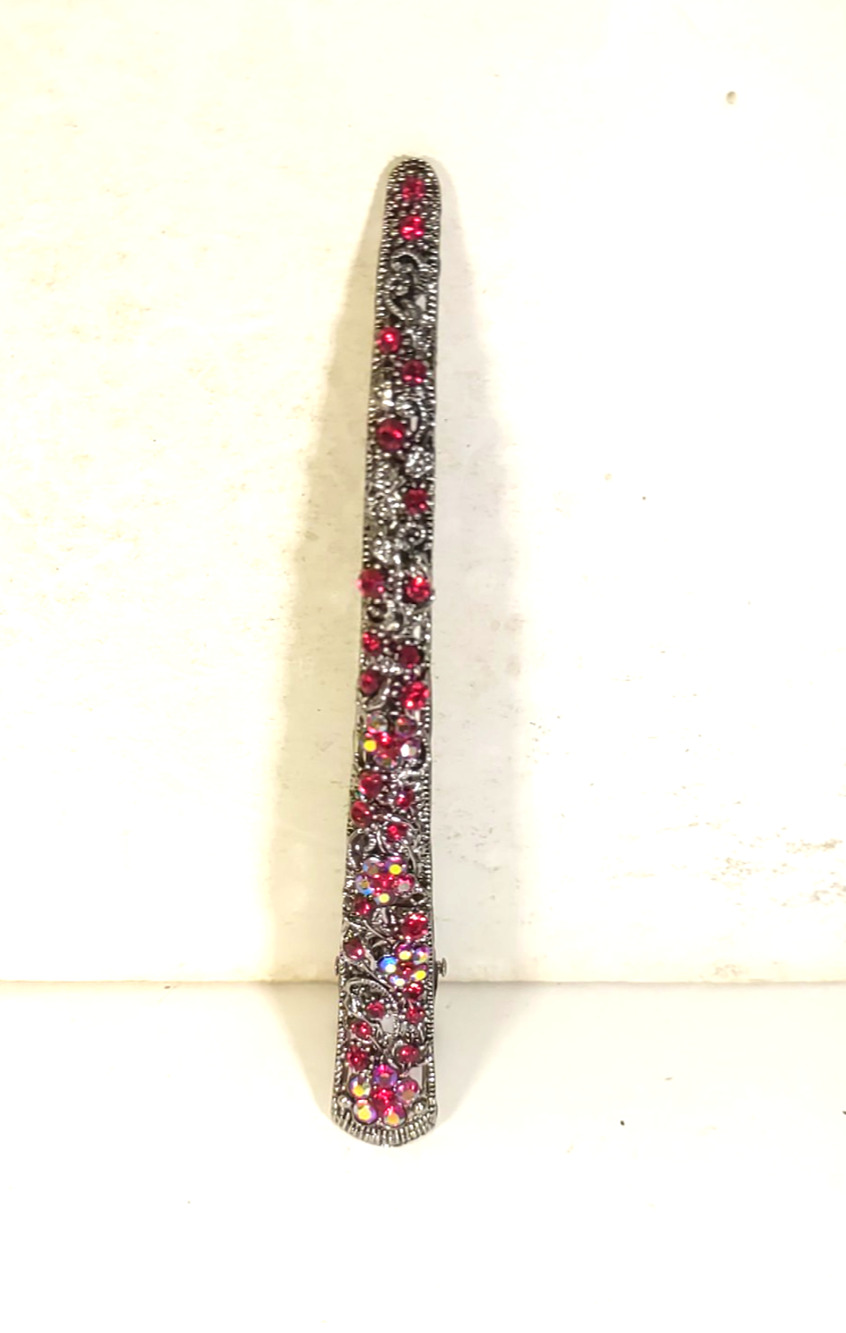 Hair barrette clip Silver Tone Red Rhinestone